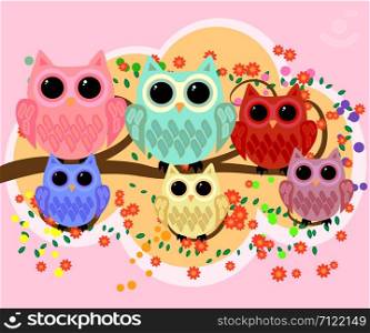 Happy family of owls on flowering tree branches. Daddies, mothers and children, grandparents. Spring, summer, honeymoon season