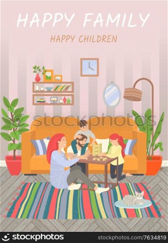 Happy family of parents and children at home on floor playing games. They sitting on carpet and play jenga. Happiness and cosiness. Mother and father, son and daughter. Vector illustration flat style. Happy Family, Parents and Children Play at Home