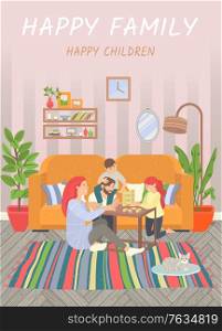 Happy family of parents and children at home on floor playing games. They sitting on carpet and play jenga. Happiness and cosiness. Mother and father, son and daughter. Vector illustration flat style. Happy Family, Parents and Children Play at Home