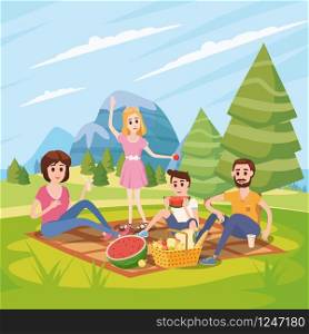 Happy family on a picnic. Dad, mom, son and daughter are resting in nature. Vector illustration in a flat style. Happy family on a picnic, park, outdoor. Dad, mom, son and daughter are resting and eat in nature, fotest. Vector illustration in a cartoon style