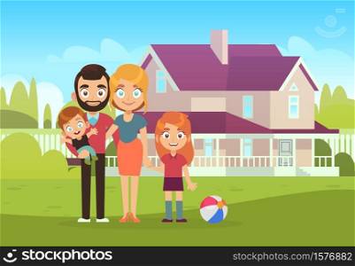 Happy family on background of house. Father, mother, son and daughter kids standing outdoor, buying and moving to new apartment summer landscape flat vector illustration. Happy family on background of house. Father, mother, son and daughter kids buying and moving to new apartment summer landscape flat vector illustration