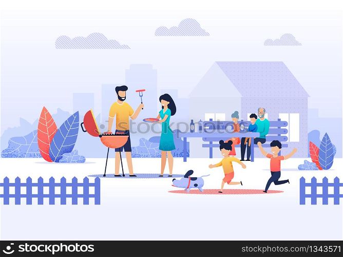 Happy Family on Backyard Picnic at Home Vector Flat Illustration. Father and Mother Preparing Barbecue Grill Outdoors. Son and Daughter Running with Puppy. Grannies Wait Sitting with Grandson at Table. Happy Family on Picnic at Home Vector Illustration