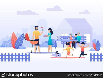 Happy Family on Backyard Picnic at Home Vector Flat Illustration. Father and Mother Preparing Barbecue Grill Outdoors. Son and Daughter Running with Puppy. Grannies Wait Sitting with Grandson at Table. Happy Family on Picnic at Home Vector Illustration