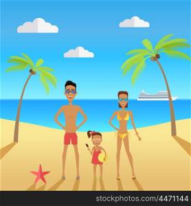 Happy family on beach during vacations. Vector illustration. Happy family on beach during vacations. Father mother and daughter on the beach with palm trees near the sea. Vector illustration