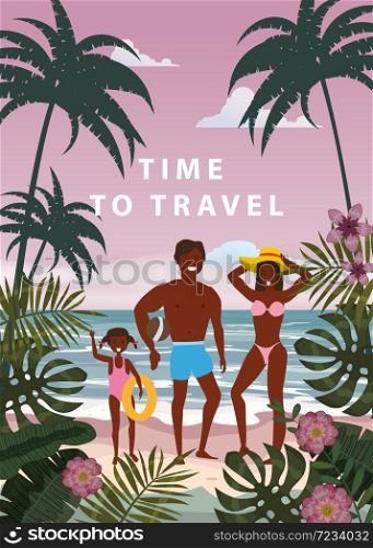 Happy Family on Beach. Father, Mother, Son and Daughter enjoying Beach Vacation. Time to Travel Happy Family on Summer Vacation Beach. Father Mother and Daughter enjoying Beach Vacation walking on Sand Sea Ocean. Parents and Children having Fun at Beach on Seashore Floral. Vector Illustration poster baner isolated