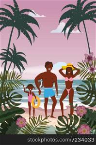 Happy Family on Beach. Father, Mother, Son and Daughter enjoying Beach Vacation. Happy Family on Summer Vacation Beach. Father Mother and Daughter enjoying Beach Vacation walking on Sand Sea Ocean. Palm and exotic tropical seashore floral. Vector Illustration poster baner isolated