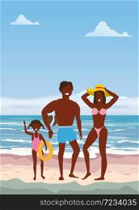 Happy Family on Beach. Father, Mother, Son and Daughter enjoying Beach Vacation. Happy Family on Summer Vacation Beach. Father Mother and Daughter enjoying Beach Vacation walking on Sand Sea Ocean. Vector Illustration poster baner isolated