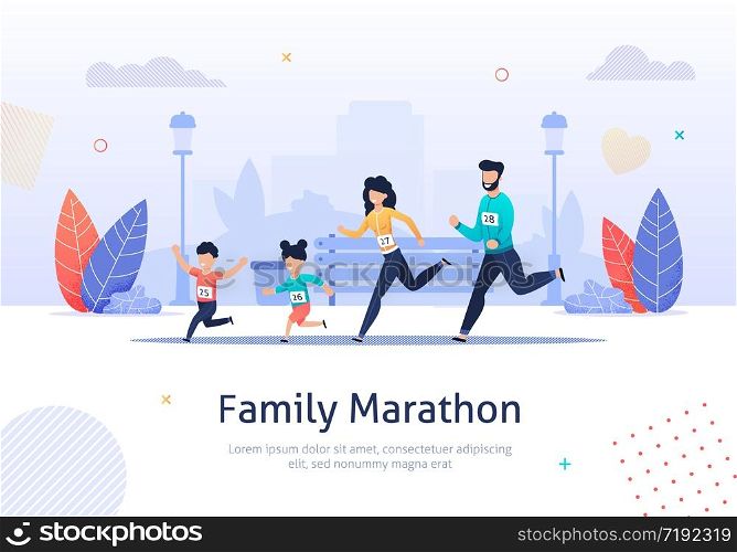 Happy Family on Jogging Banner Vector Illustration. Father, Mother, Daughter and Son are Running around in Park. Healthy Lifestyle. Sporty Characters. Exercising Parents and Children.