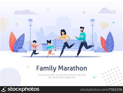 Happy Family on Jogging Banner Vector Illustration. Father, Mother, Daughter and Son are Running around in Park. Healthy Lifestyle. Sporty Characters. Exercising Parents and Children.