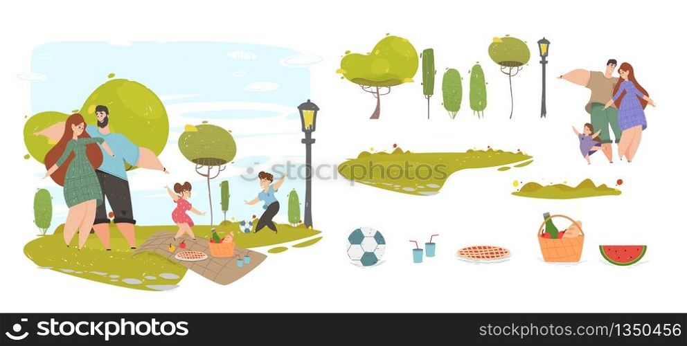 Happy Family on Picnic in Park Set. Design Elements of People Characters Mother, Father and Kids. Basket with Food Ball Trees Street Lamp. Outdoors Activity Cartoon Flat Vector Illustration, Clip Art. Happy Family on Picnic in Park Design Elements Set