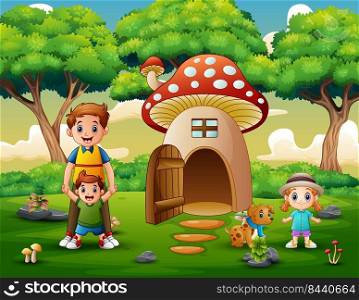 Happy family on the fantasy house of mushroom 