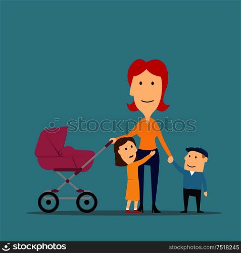 Happy family on walk. Cartoon cheerful smiling mother of three with children and newborn baby in a carriage walking outdoor. Mother with kids having fun walking outdoor