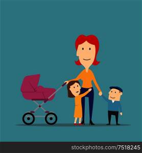 Happy family on walk. Cartoon cheerful smiling mother of three with children and newborn baby in a carriage walking outdoor. Mother with kids having fun walking outdoor