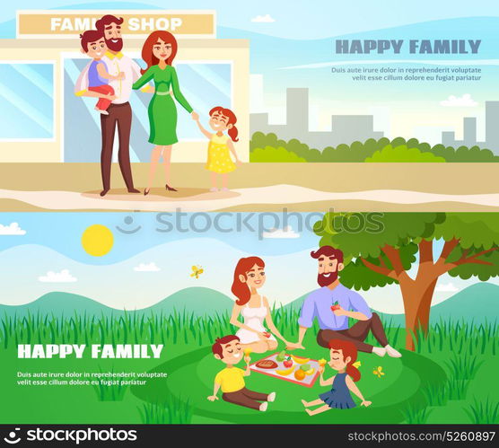 Happy Family Outdoor Horizontal Banners. Happy family outdoor horizontal banners in cartoon style with parents and children in city and at picnic flat vector illustration