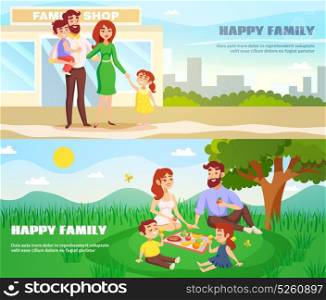 Happy Family Outdoor Horizontal Banners. Happy family outdoor horizontal banners in cartoon style with parents and children in city and at picnic flat vector illustration