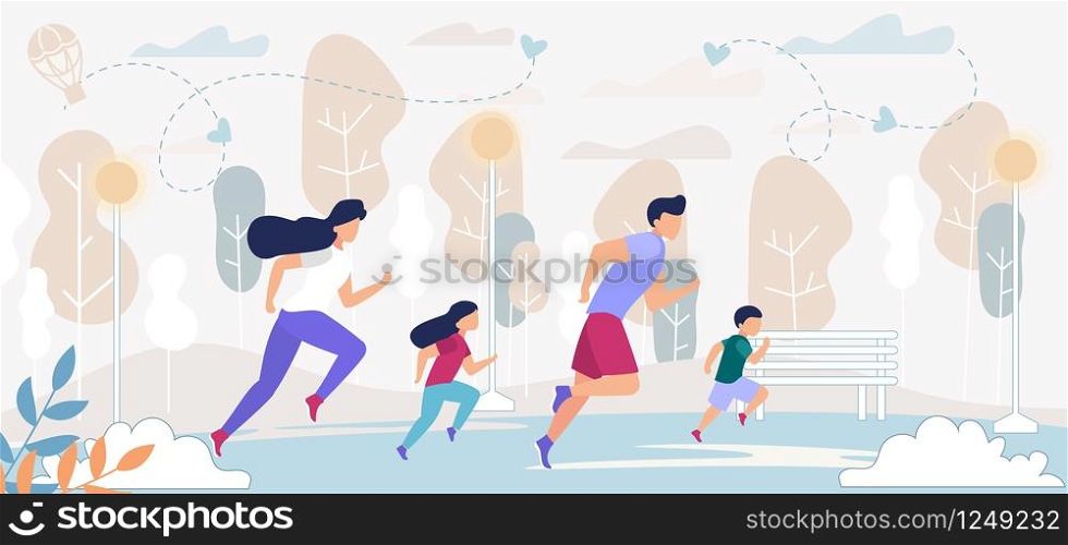 Happy Family Outdoors Sport Activity. Father, Mother and Kids Exercising, Morning Jogging Track, Dad Son, Mom and Daughter Fitness Training, Marathon Running, Health. Cartoon Flat Vector Illustration. Happy Family Outdoors Sport Activity, Running