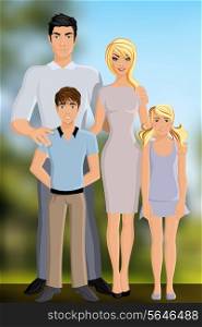 Happy family parents and kids full length portrait on outdoor background vector illustration