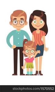Happy family. Parents with child little girl, mom dad and daughter smile stand and hold hands cartoon character, relationships parenthood concept, flat vector isolated illustration. Happy family. Parents with child, mom dad and daughter smile stand and hold hands cartoon character, relationships parenthood concept, flat vector isolated illustration