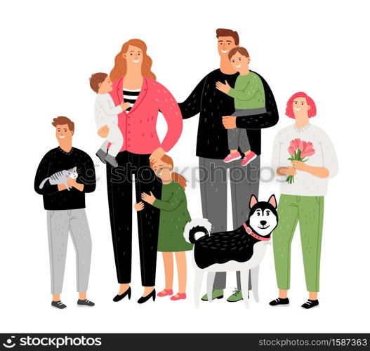 Happy family, parents with children and pets. Big family love with dog and hamster, vector illustration. Happy family, parents with children and pets