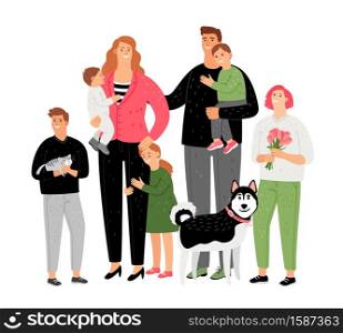 Happy family, parents with children and pets. Big family love with dog and hamster, vector illustration. Happy family, parents with children and pets