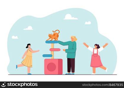 Happy family people playing with scratching post and cat house. Kitten climbing on top of tower flat vector illustration. Toy from pet store concept for banner, website design or landing web page. Happy family people playing with scratching post and cat house