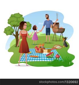 Happy Family Picnic Cartoon Vector Concept with Smiling Mother Taking Mobile Photo of Nature and Snacks in Basket on Plaid, Father with Daughter Cooking Meat on Barbeque Grill in Park or Home Garden