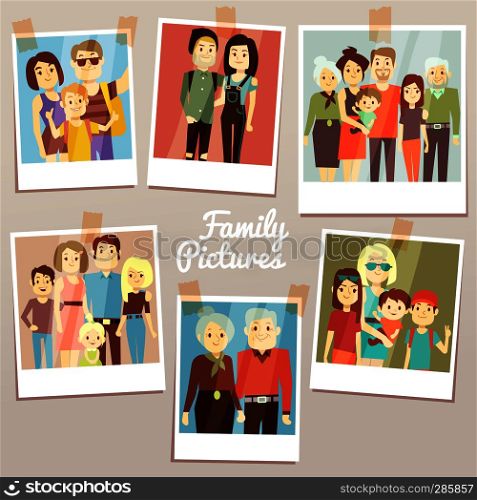 Happy family pictures with different generations vector set. Photo familys memories. Grandfather and grandmother, family photo illustration. Happy family pictures with different generations vector set. Photo familys memories