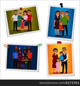 Happy family pinned portraits set. Smiling parents and grandparents standing with children and celebrating kids birthday with friends on pictures with pins and clips isolated flat vector illustration. Happy Family Pinned Portraits Flat Vectors Set