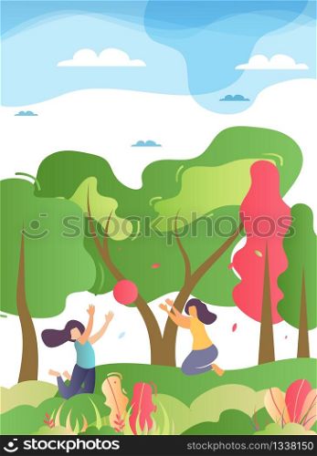 Happy Family Play Ball in Forest Illustration. Cartoon Mother with Daughter or Two Sisters Have Fun on Nature. Summertime Recreation, Rest and Active Games. Vector Flat Banner or Mobile Ads Template. Happy Family Playing Ball in Forest Illustration