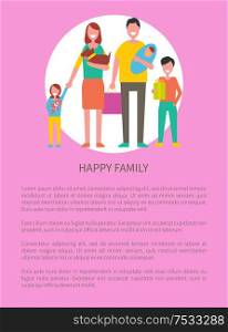 Happy family poster couple with children. Girl with bear toy, boy holds present gift box, father with newborn infant and mother carries adorable pet vector. Happy Family Poster Couple with Children and Pet