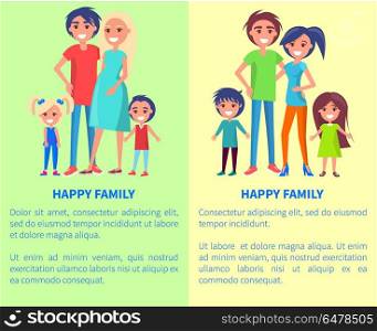 Happy Family Poster with Parents and Two Children. Happy family set of posters with pregnant mother, smiling father, two children boy and girl vector illustration in flat style isolated