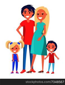 Happy family poster with pregnant mother, smiling father, two children boy and girl vector illustration in flat style isolated on white background. Happy Family Poster with Parents and Two Children