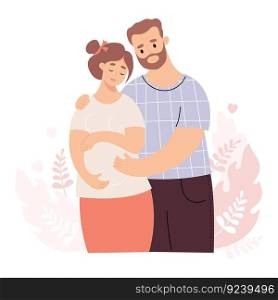 Happy family. Pregnant adult mature woman and husband. Light skinned couple expecting baby. Vector illustration. Future parents, pregnancy motherhood, parenthood concept