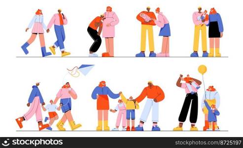 Happy family relations and kid growth stages, mother and father parenting. Young couple walk together, pregnancy, waiting child, care of newborn, toddler and infants Line art flat vector illustration. Happy family relations and kid growth stages set