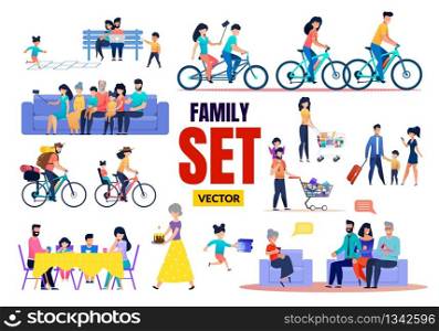Happy Family Relatives Characters Vector Flat Set. Cartoon Parents and Children, Grandparents and Grandchildren Rest, Meeting, Talking, Having Fun, Shopping, Cycling. Vector Illustration. Happy Family Relatives Characters Vector Flat Set