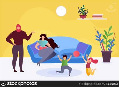 Happy Family Rest in Living Room at Home Together Flat Illustration. Cartoon Vector Mother Sits on Sofa Reading Book, Children playing Ball, Father Sharing Impressions. Weekend and Holiday. Family Rest at Home Together Flat Illustration