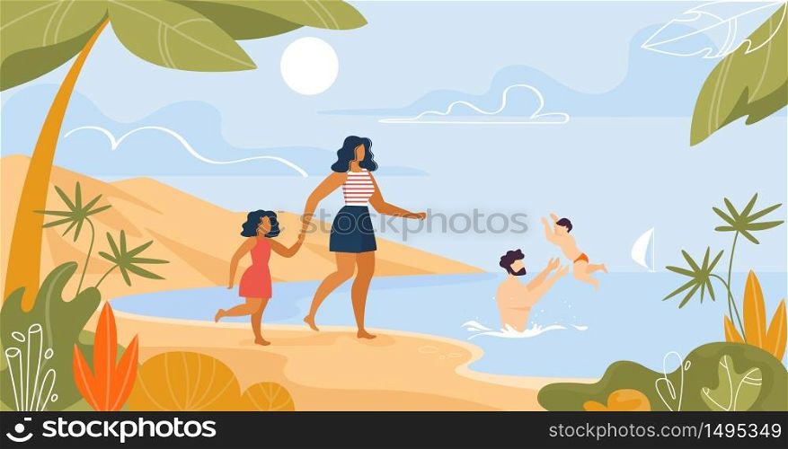 Happy Family Rest on Tropical Beach near Sea Cartoon. Mother with Daughter Walking on Seacoast. Father Swimming with Son, Teaching Boy Move in Water. Vector Summertime Flat Illustration. Family Rest on Tropical Beach near Sea Cartoon