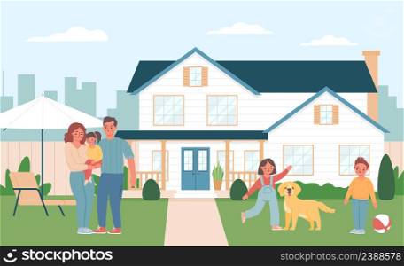 Happy family rest weekend at home yard. Family happy weekend near house, illustration vector spend time with family. Happy family rest weekend at home yard