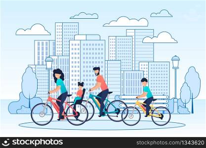 Happy Family Riding Bikes on Cityscape Cartoon. Mother and Daughter on Children Trunk Seat, Father and Son Have Active Vacation, City Trip, Healthy Leisure, Freedom Cycling. Vector Flat Illustration. Happy Family Riding Bikes on Cityscape Cartoon
