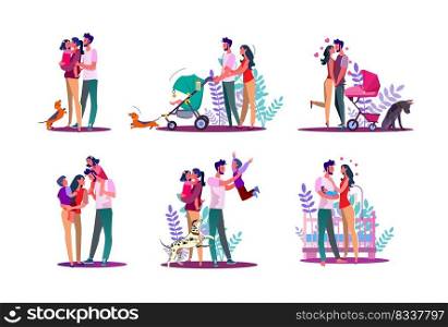 Happy family set. Couple with kids walking, enjoying time together. Flat vector illustrations. Family, love, lifestyle concept for banner, website design or landing web page