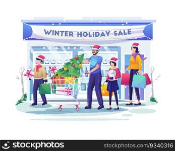Happy family shopping at the supermarket with their children wearing Santa Claus Hats purchases goods and gifts. Christmas winter holiday sale. vector illustration
