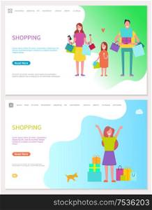 Happy family shopping image. Female with ice-cream and phone in skirt, girl with small packages and man holding gift box. Lady with dog and present vector. Happy People Going Shopping, Bags and Gifts Vector
