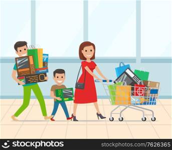 Happy family shopping in supermarket with trolley full of stuff. Parents with their child make purchase in store. Mother, father and little son buying things. Flat cartoon. Happy Family with Kid Shopping in Supermarket