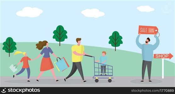Happy Family shopping.Male with shopping cart and wife with shopping bags,man with slae label,trendy style design,flat vector illustration