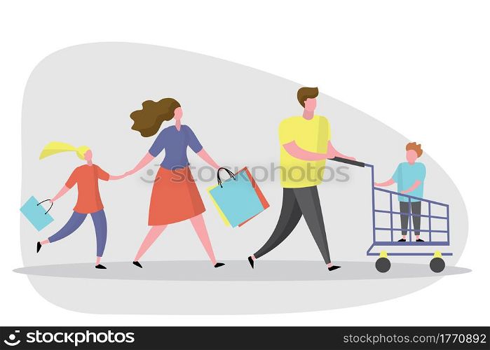Happy Family shopping.Male with shopping cart and wife with shopping bags,trendy style design,flat vector illustration
