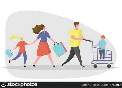 Happy Family shopping.Male with shopping cart and wife with shopping bags,trendy style design,flat vector illustration