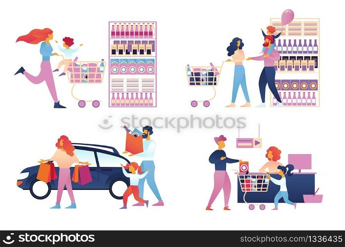 Happy Family Shopping Set Isolated on White Background. Father, Mother and Little Kids Visit Supermarket for Purchases, Put Bags in Car, Driving Trolley with Children. Cartoon Flat Vector Illustration. Happy Family Shopping Set Isolated. Supermarket