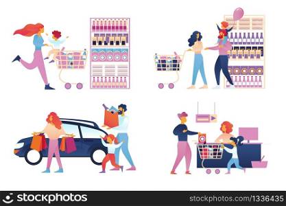 Happy Family Shopping Set Isolated on White Background. Father, Mother and Little Kids Visit Supermarket for Purchases, Put Bags in Car, Driving Trolley with Children. Cartoon Flat Vector Illustration. Happy Family Shopping Set Isolated. Supermarket