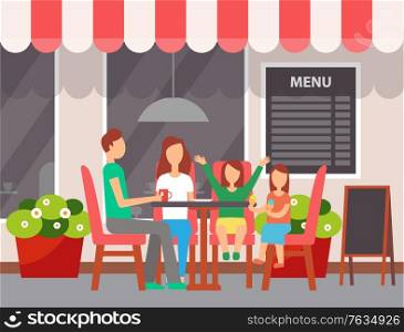 Happy family sitting in cafe outdoor, father drinking and daughters eating ice-cream, lunch time together. People in restaurant, outside view. Vector illustration in flat cartoon style. Family Sitting in Cafe Outdoor, Leisure Vector