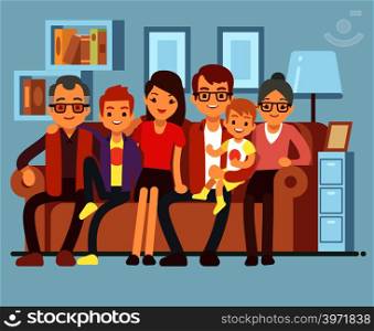 Happy family sitting on sofa. Grandpa and grandma, parents and kids flat vector illustration. Mother and father with children on sofa. Happy family sitting on sofa. Grandpa and grandma, parents and kids flat vector illustration